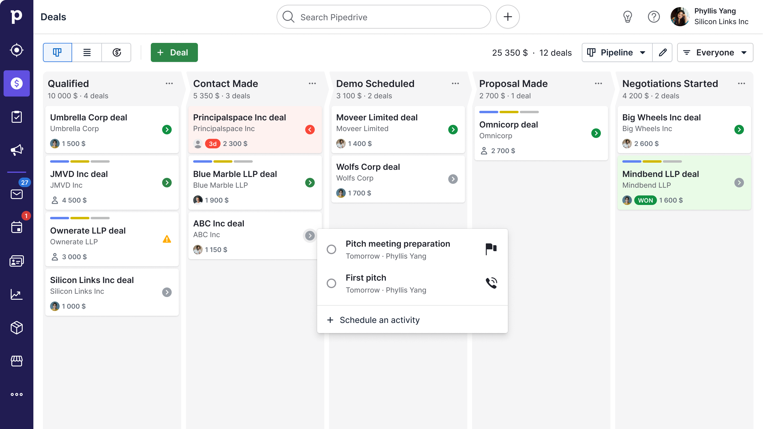 Pipedrive’s visual deals pipeline with stages, deal values and next activities.