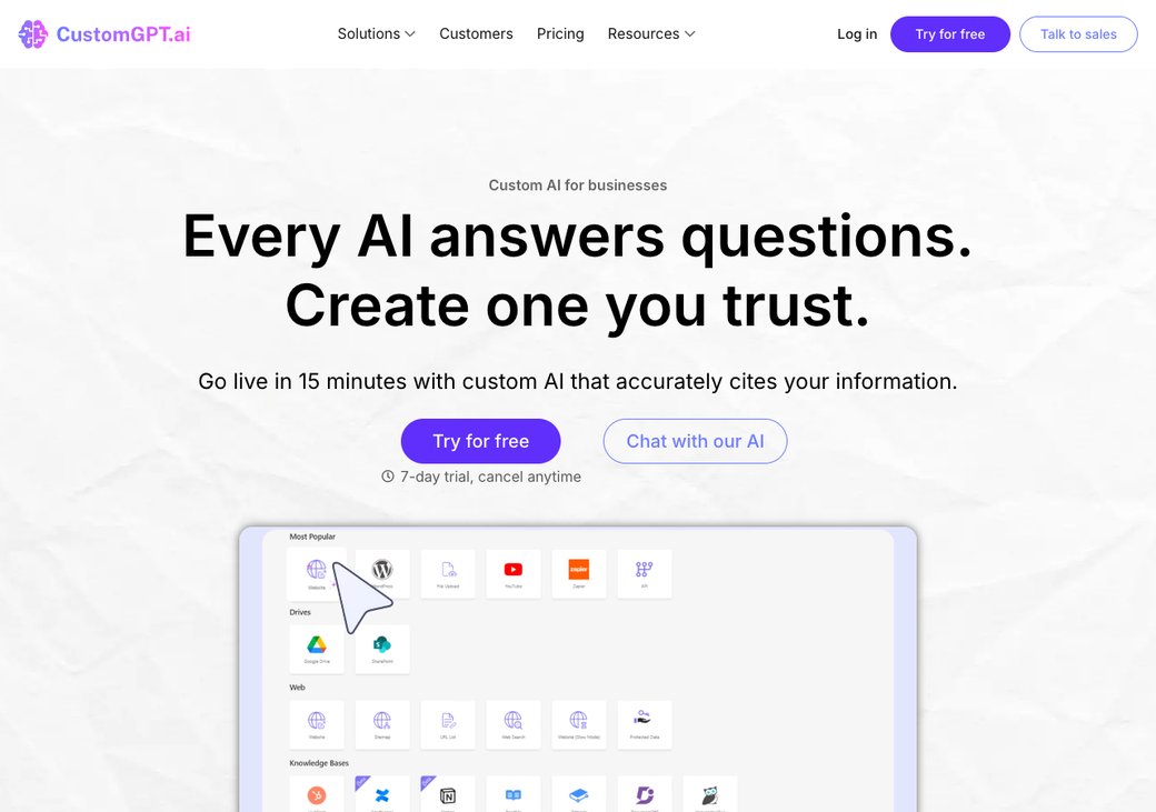 CustomGPT.ai homepage showing a citation-backed RAG assistant